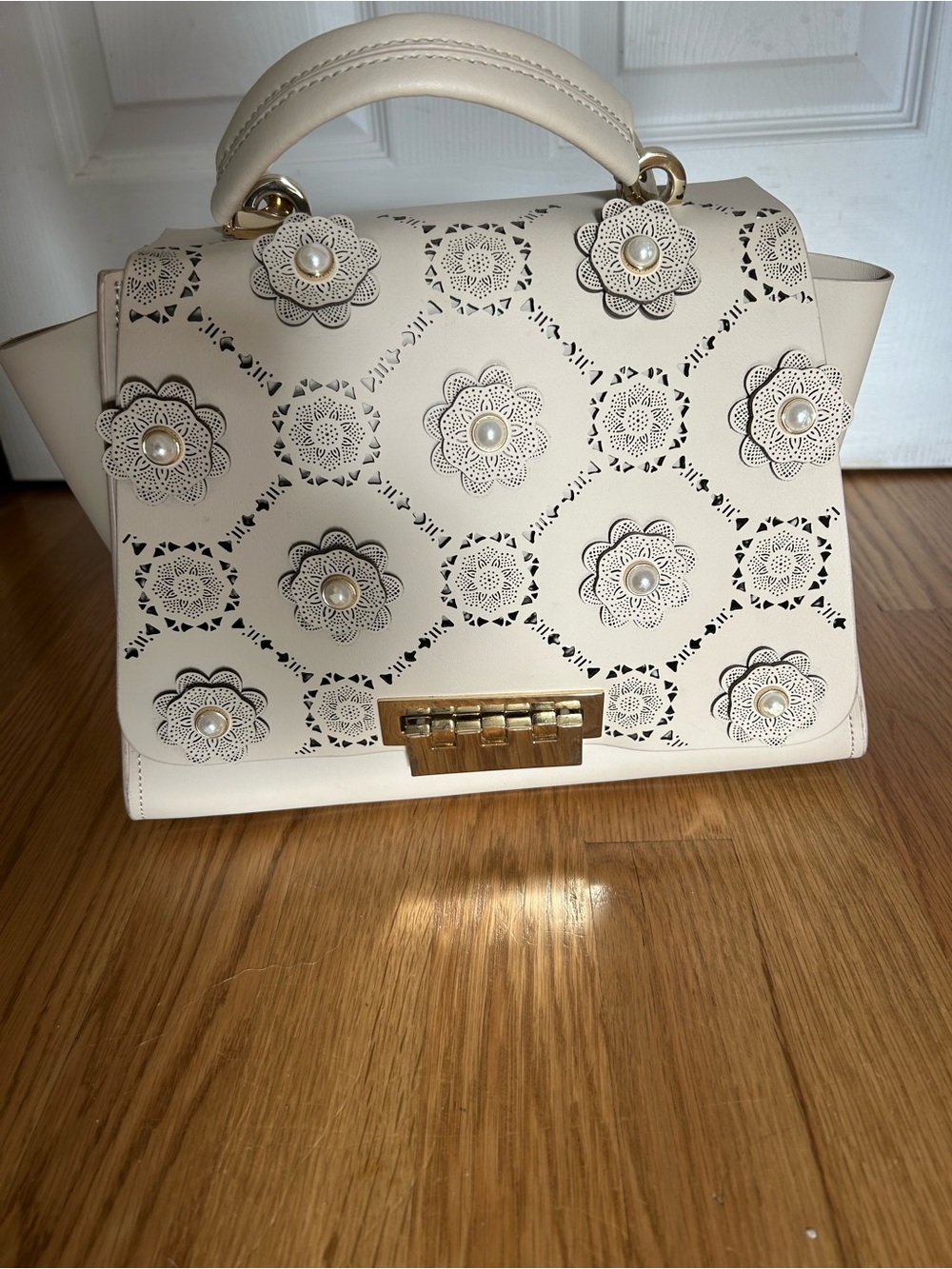 ZAC Posen Elegant Floral Appliqué Top-Handle Bag in Cream